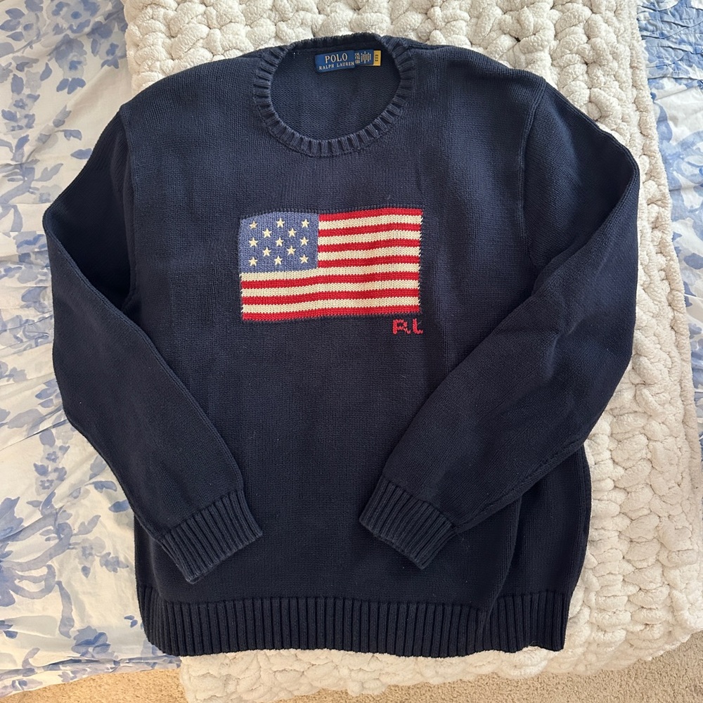 Ralph Lauren Men's Navy Crewneck Sweater with Flag Design